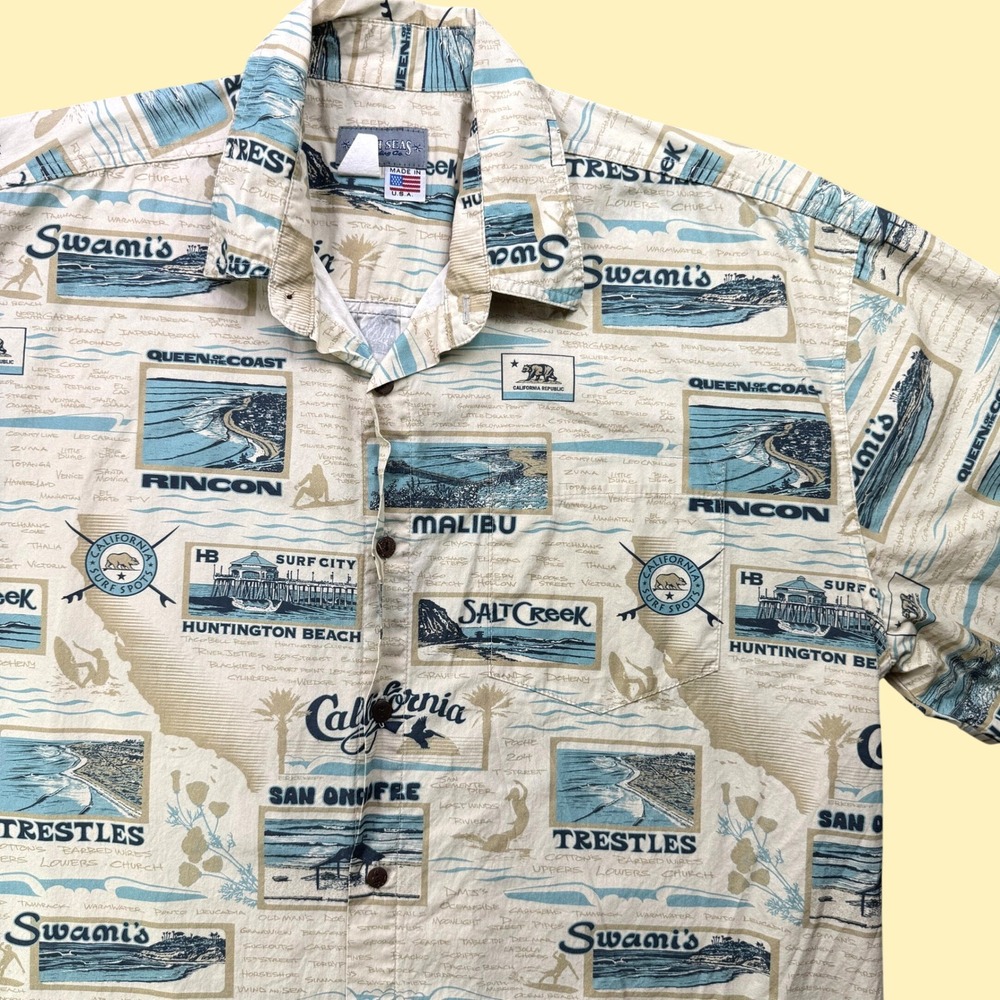 Vintage High Seas Trading Co California Surf‎ Spots Aloha Shirt Mens 2XL Cotton